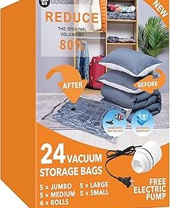 24 Pack Vacuum Storage Bags with Electric Pump, (5 Jumbo,