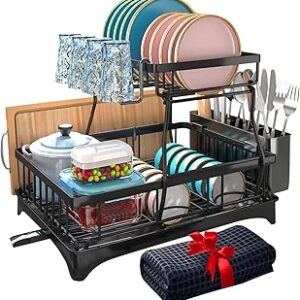 Dish Drying Rack, 2-Tier Dish Rack with Auto-Drain & Mat,